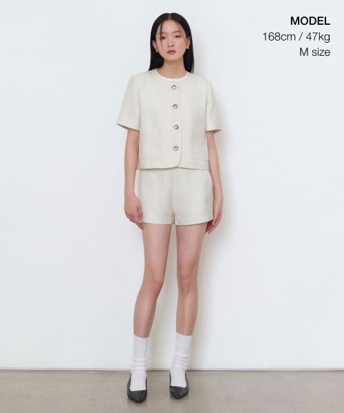 MUSINSA STANDARD WOMAN（ムシンサスタンダードウーマン）の「ウィメンズラウンドネックツイードクロップ半袖ジャケット[クリーム]（テーラードジャケット・レディース・その他・LARGE/SMALL/X-SMALL/MEDIUM）」の2枚目の写真