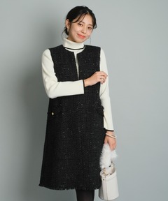 LEJA】ラメ混ツイードレザーパイピングパール釦スパンコール刺しゅう