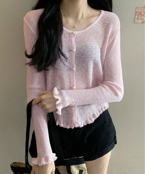kirakiraShop(キラキラショップ)の「シアー リブパール ボタン カーディガン(カーディガン/ボレロ・レディース・ブルー/ホワイト/ピンク/グリーン/イエロー・FREE)」の2枚目の写真
