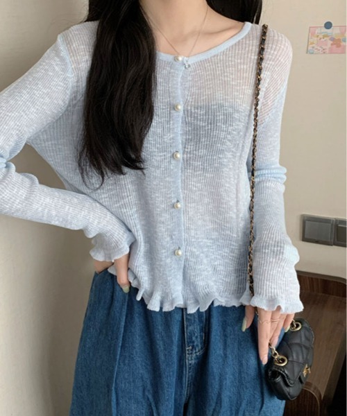 kirakiraShop(キラキラショップ)の「シアー リブパール ボタン カーディガン(カーディガン/ボレロ・レディース・ブルー/ホワイト/ピンク/グリーン/イエロー・FREE)」の4枚目の写真