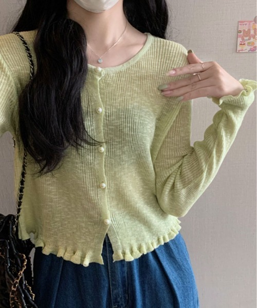 kirakiraShop(キラキラショップ)の「シアー リブパール ボタン カーディガン(カーディガン/ボレロ・レディース・ブルー/ホワイト/ピンク/グリーン/イエロー・FREE)」の3枚目の写真