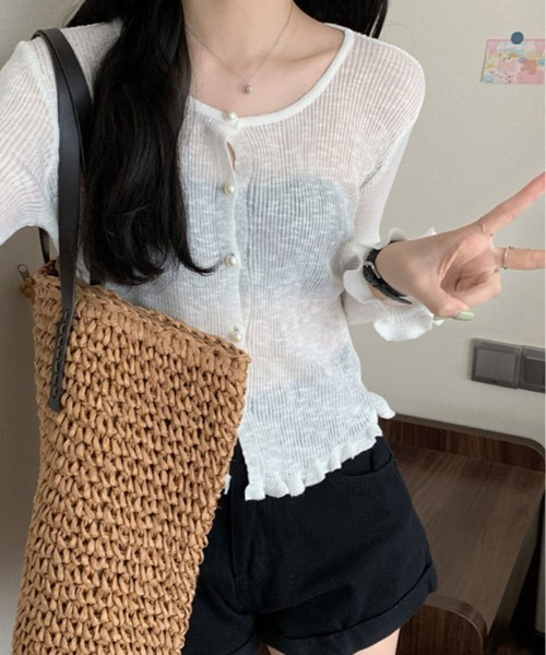 kirakiraShop(キラキラショップ)の「シアー リブパール ボタン カーディガン(カーディガン/ボレロ・レディース・ブルー/ホワイト/ピンク/グリーン/イエロー・FREE)」の6枚目の写真