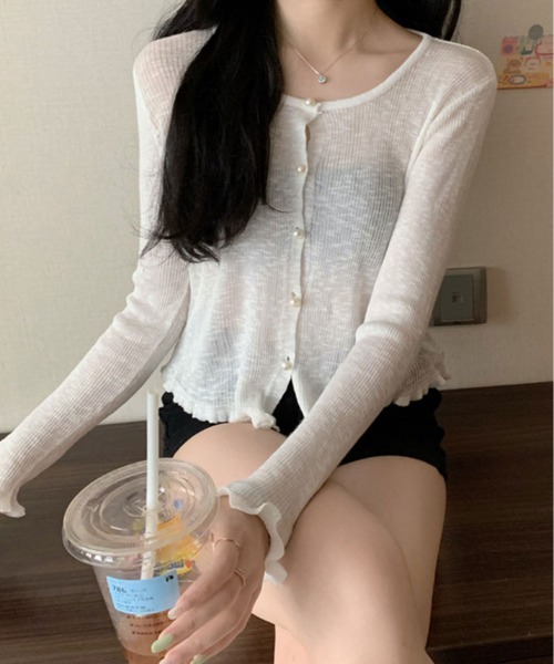 kirakiraShop(キラキラショップ)の「シアー リブパール ボタン カーディガン(カーディガン/ボレロ・レディース・ブルー/ホワイト/ピンク/グリーン/イエロー・FREE)」の7枚目の写真