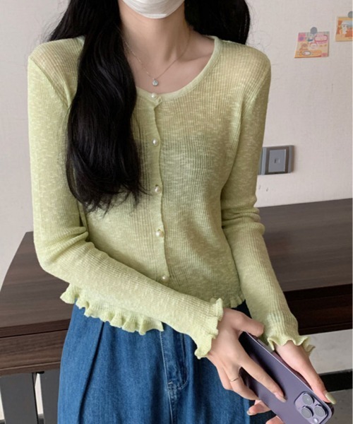 kirakiraShop(キラキラショップ)の「シアー リブパール ボタン カーディガン(カーディガン/ボレロ・レディース・ブルー/ホワイト/ピンク/グリーン/イエロー・FREE)」の9枚目の写真