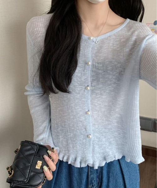 kirakiraShop(キラキラショップ)の「シアー リブパール ボタン カーディガン(カーディガン/ボレロ・レディース・ブルー/ホワイト/ピンク/グリーン/イエロー・FREE)」の12枚目の写真