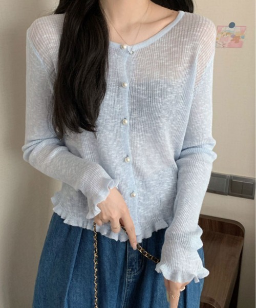 kirakiraShop(キラキラショップ)の「シアー リブパール ボタン カーディガン(カーディガン/ボレロ・レディース・ブルー/ホワイト/ピンク/グリーン/イエロー・FREE)」の13枚目の写真