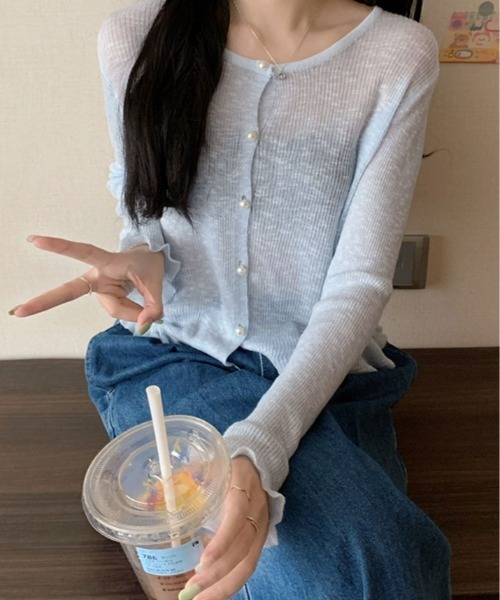 kirakiraShop(キラキラショップ)の「シアー リブパール ボタン カーディガン(カーディガン/ボレロ・レディース・ブルー/ホワイト/ピンク/グリーン/イエロー・FREE)」の14枚目の写真