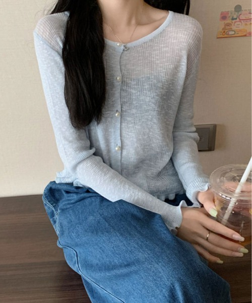 kirakiraShop(キラキラショップ)の「シアー リブパール ボタン カーディガン(カーディガン/ボレロ・レディース・ブルー/ホワイト/ピンク/グリーン/イエロー・FREE)」の15枚目の写真