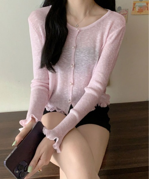 kirakiraShop(キラキラショップ)の「シアー リブパール ボタン カーディガン(カーディガン/ボレロ・レディース・ブルー/ホワイト/ピンク/グリーン/イエロー・FREE)」の16枚目の写真