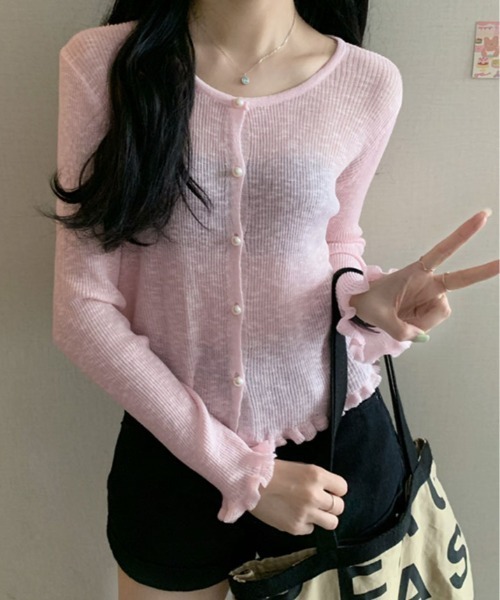 kirakiraShop(キラキラショップ)の「シアー リブパール ボタン カーディガン(カーディガン/ボレロ・レディース・ブルー/ホワイト/ピンク/グリーン/イエロー・FREE)」の17枚目の写真