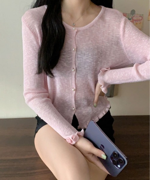 kirakiraShop(キラキラショップ)の「シアー リブパール ボタン カーディガン(カーディガン/ボレロ・レディース・ブルー/ホワイト/ピンク/グリーン/イエロー・FREE)」の18枚目の写真