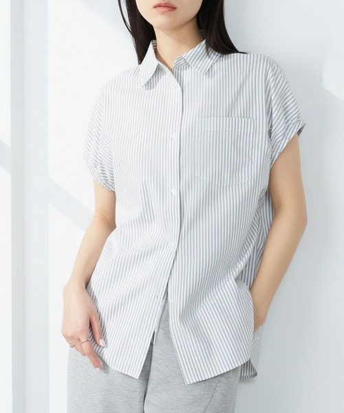 forksy.(フォルクシー)の「【forksy.】アソートデザイン ギャザー フレンチスリーブシャツ / 無地・ストライプ・チェック(シャツ/ブラウス・レディース・ホワイト系/チャコールグレー/ブルー/ピンク系/ブラック系/ブルー系・FREE)」の2枚目の写真
