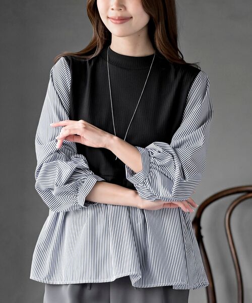 rps（アールピーエス）の「変形タックスリーブ衿付きドッキングブラウス（シャツ/ブラウス・レディース・ネイビー/オフホワイト/ブラック/チェック・フリー）」の3枚目の写真