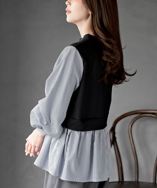 rps（アールピーエス）の「変形タックスリーブ衿付きドッキングブラウス（シャツ/ブラウス・レディース・ネイビー/オフホワイト/ブラック/チェック・フリー）」の18枚目の写真