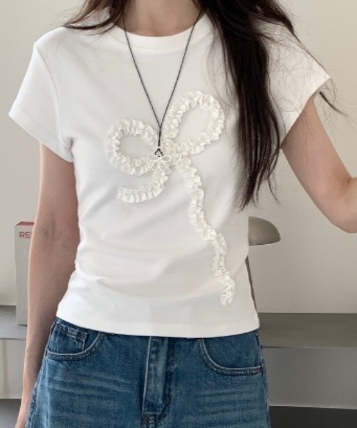Teem Store(チームストア)の「フリルリボン デザインTシャツ(Tシャツ/カットソー・レディース・アイボリー/グレー・F)」の2枚目の写真