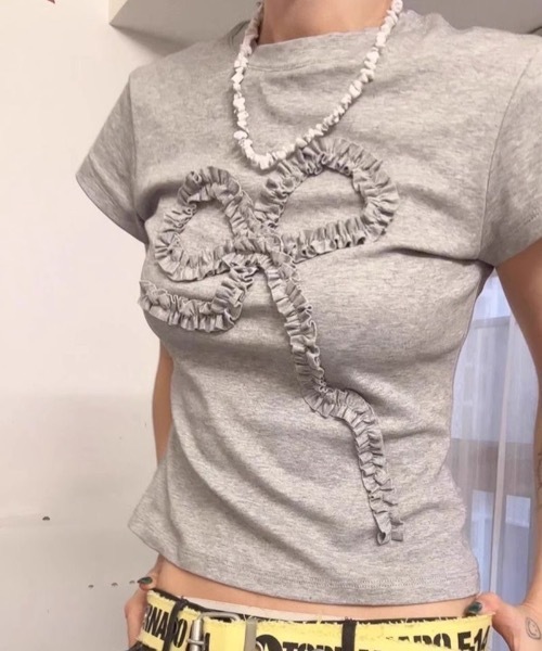 Teem Store(チームストア)の「フリルリボン デザインTシャツ(Tシャツ/カットソー・レディース・アイボリー/グレー・F)」の6枚目の写真