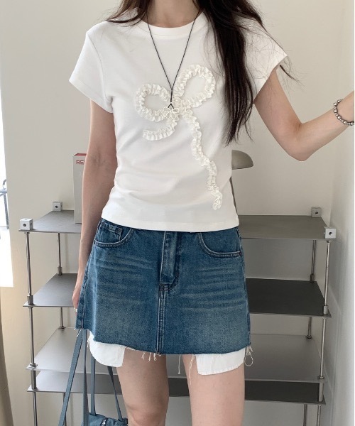 Teem Store(チームストア)の「フリルリボン デザインTシャツ(Tシャツ/カットソー・レディース・アイボリー/グレー・F)」の11枚目の写真
