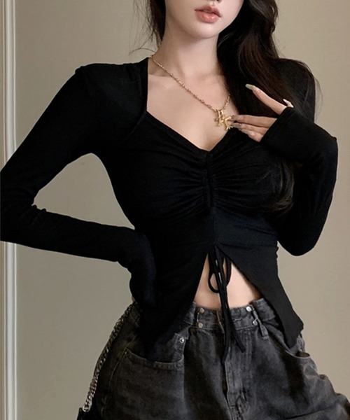 Songe(ソンジュ)の「フロントドロスト長袖トップス(Tシャツ/カットソー・レディース・ブラウン/ブラック・S/M/L)」の11枚目の写真