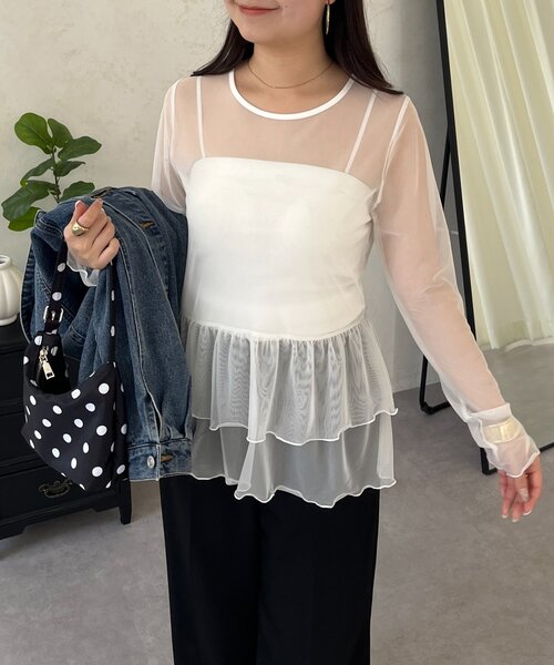 prose verse（プロズヴェール）の「シアーフリルペプラムトップス（Tシャツ/カットソー・レディース・ブラック/オフホワイト・LARGE/MEDIUM）」の6枚目の写真