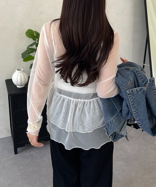 prose verse（プロズヴェール）の「シアーフリルペプラムトップス（Tシャツ/カットソー・レディース・ブラック/オフホワイト・LARGE/MEDIUM）」の11枚目の写真