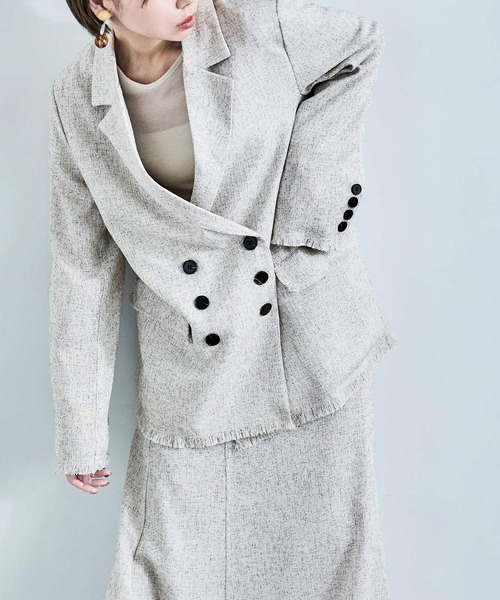 Fashion Letter（ファッションレター）の「セットアップ可能 スラブネップ ツイードフリンジ（テーラードジャケット・レディース・グレー/アイボリー/ブラック・M）」の3枚目の写真