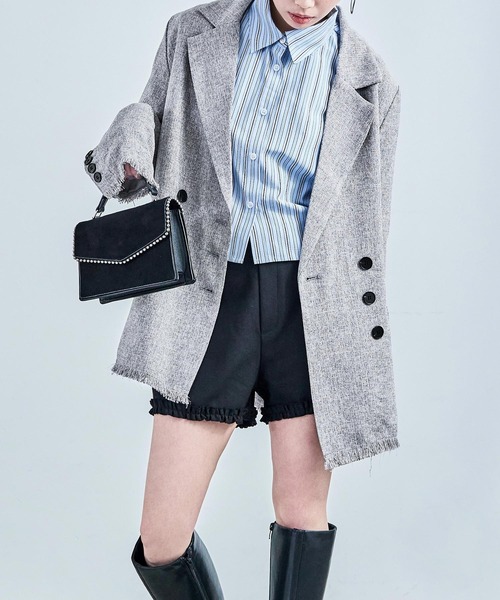 Fashion Letter（ファッションレター）の「セットアップ可能 スラブネップ ツイードフリンジ（テーラードジャケット・レディース・グレー/アイボリー/ブラック・M）」の2枚目の写真