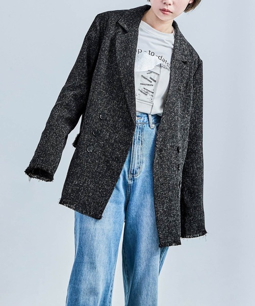 Fashion Letter（ファッションレター）の「セットアップ可能 スラブネップ ツイードフリンジ（テーラードジャケット・レディース・グレー/アイボリー/ブラック・M）」の14枚目の写真