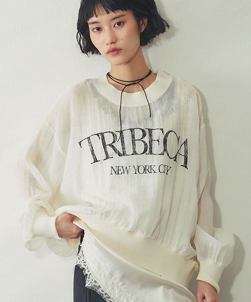 ANOTHER S(アナザーエス)の「布帛×ニット カレッジロゴ長袖シアープルオーバー(Tシャツ/カットソー・レディース・チャコールグレー/カーキ/オフホワイト・FREE)」の2枚目の写真