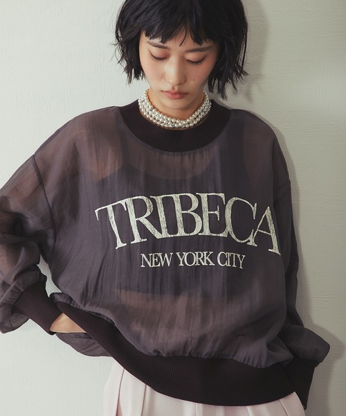 ANOTHER S(アナザーエス)の「布帛×ニット カレッジロゴ長袖シアープルオーバー(Tシャツ/カットソー・レディース・チャコールグレー/カーキ/オフホワイト・FREE)」の3枚目の写真