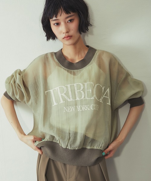 ANOTHER S(アナザーエス)の「布帛×ニット カレッジロゴ長袖シアープルオーバー(Tシャツ/カットソー・レディース・チャコールグレー/カーキ/オフホワイト・FREE)」の4枚目の写真
