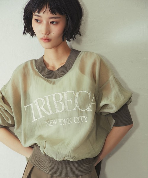 ANOTHER S(アナザーエス)の「布帛×ニット カレッジロゴ長袖シアープルオーバー(Tシャツ/カットソー・レディース・チャコールグレー/カーキ/オフホワイト・FREE)」の7枚目の写真