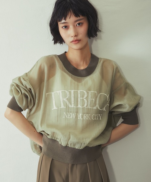 ANOTHER S(アナザーエス)の「布帛×ニット カレッジロゴ長袖シアープルオーバー(Tシャツ/カットソー・レディース・チャコールグレー/カーキ/オフホワイト・FREE)」の11枚目の写真