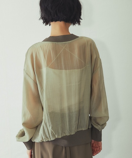 ANOTHER S(アナザーエス)の「布帛×ニット カレッジロゴ長袖シアープルオーバー(Tシャツ/カットソー・レディース・チャコールグレー/カーキ/オフホワイト・FREE)」の6枚目の写真