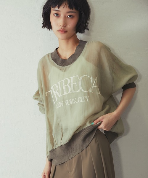 ANOTHER S(アナザーエス)の「布帛×ニット カレッジロゴ長袖シアープルオーバー(Tシャツ/カットソー・レディース・チャコールグレー/カーキ/オフホワイト・FREE)」の10枚目の写真