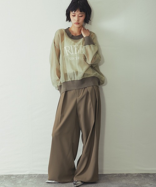 ANOTHER S(アナザーエス)の「布帛×ニット カレッジロゴ長袖シアープルオーバー(Tシャツ/カットソー・レディース・チャコールグレー/カーキ/オフホワイト・FREE)」の12枚目の写真