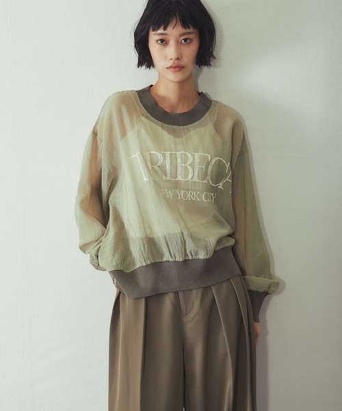 ANOTHER S(アナザーエス)の「布帛×ニット カレッジロゴ長袖シアープルオーバー(Tシャツ/カットソー・レディース・チャコールグレー/カーキ/オフホワイト・FREE)」の17枚目の写真