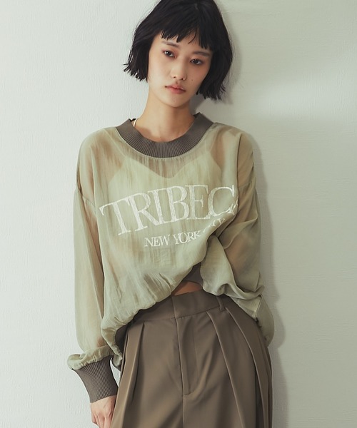ANOTHER S(アナザーエス)の「布帛×ニット カレッジロゴ長袖シアープルオーバー(Tシャツ/カットソー・レディース・チャコールグレー/カーキ/オフホワイト・FREE)」の13枚目の写真