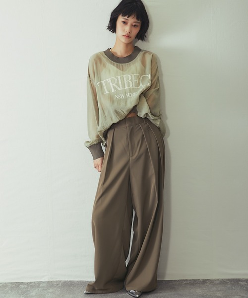 ANOTHER S(アナザーエス)の「布帛×ニット カレッジロゴ長袖シアープルオーバー(Tシャツ/カットソー・レディース・チャコールグレー/カーキ/オフホワイト・FREE)」の9枚目の写真