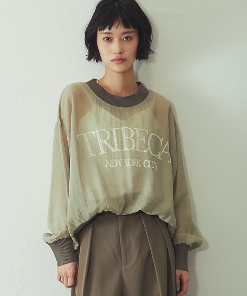 ANOTHER S(アナザーエス)の「布帛×ニット カレッジロゴ長袖シアープルオーバー(Tシャツ/カットソー・レディース・チャコールグレー/カーキ/オフホワイト・FREE)」の15枚目の写真