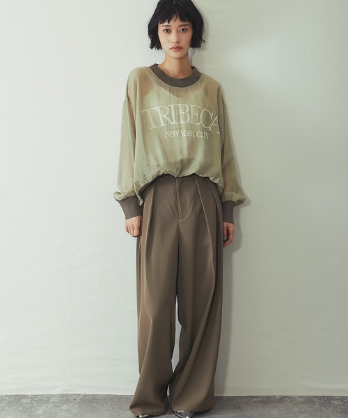 ANOTHER S(アナザーエス)の「布帛×ニット カレッジロゴ長袖シアープルオーバー(Tシャツ/カットソー・レディース・チャコールグレー/カーキ/オフホワイト・FREE)」の5枚目の写真
