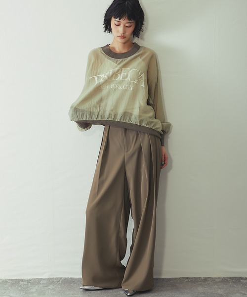 ANOTHER S(アナザーエス)の「布帛×ニット カレッジロゴ長袖シアープルオーバー(Tシャツ/カットソー・レディース・チャコールグレー/カーキ/オフホワイト・FREE)」の16枚目の写真