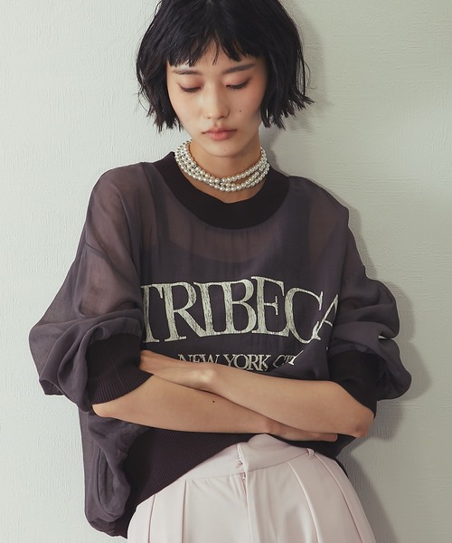 ANOTHER S(アナザーエス)の「布帛×ニット カレッジロゴ長袖シアープルオーバー(Tシャツ/カットソー・レディース・チャコールグレー/カーキ/オフホワイト・FREE)」の20枚目の写真