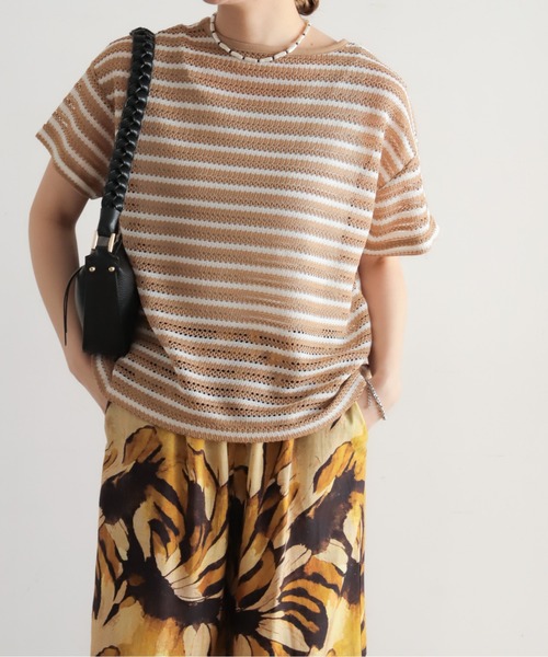 NOMBRE IMPAIR(ノンブルアンペール)の「かぎ針ライクボーダー 半袖P/O(Tシャツ/カットソー・レディース・ブラック/ベージュ・FREE)」の1枚目の写真
