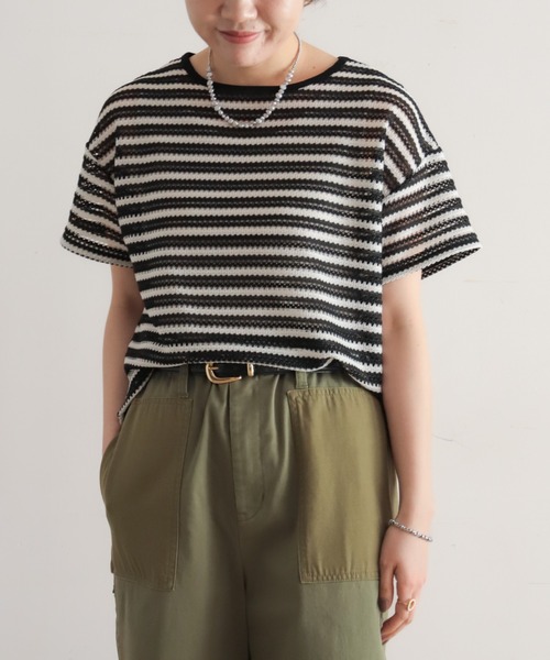 NOMBRE IMPAIR(ノンブルアンペール)の「かぎ針ライクボーダー 半袖P/O(Tシャツ/カットソー・レディース・ブラック/ベージュ・FREE)」の4枚目の写真