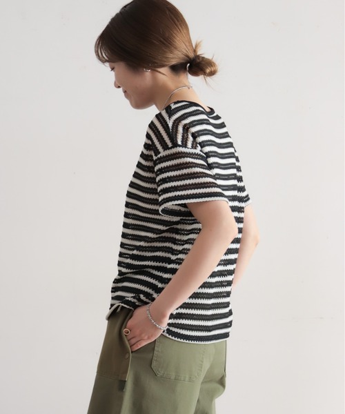 NOMBRE IMPAIR(ノンブルアンペール)の「かぎ針ライクボーダー 半袖P/O(Tシャツ/カットソー・レディース・ブラック/ベージュ・FREE)」の5枚目の写真