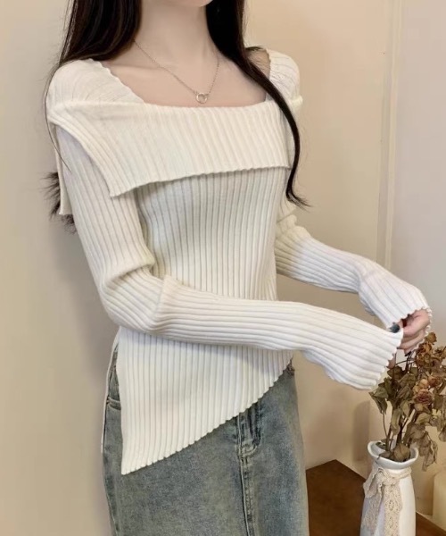 Alvia(アルビア)の「2WAYニットトップス(ニット/セーター・レディース・ホワイト/アイボリー/ブラック/グレー・M)」の2枚目の写真