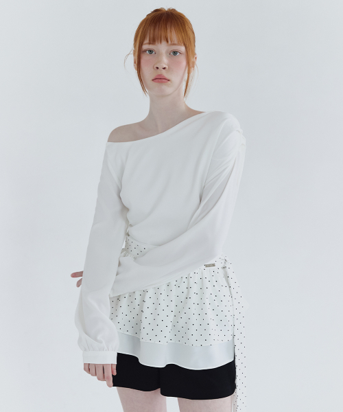 MICANE(ミケーネ)の「セレナワンオフショルダーブラウス・ドットラップスカートセットアップ(シャツ/ブラウス・レディース・ブラック/アイボリー・SMALL/MEDIUM/LARGE/X-LARGE)」の7枚目の写真