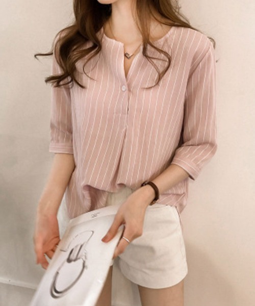 SallyLunn（サリーラン）の「ストライプスキッパーブラウス（シャツ/ブラウス・レディース・ネイビー/グレー/ホワイト/ピンク・LARGE/MEDIUM）」の4枚目の写真