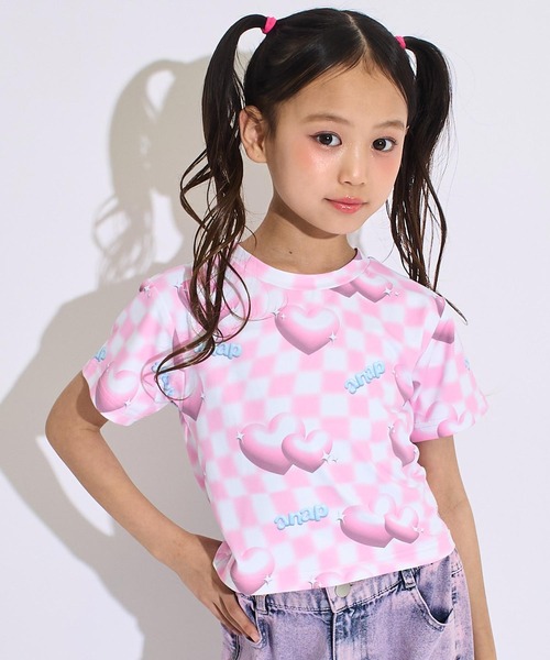 ANAP kids(アナップキッズ)の「3Dハート フラッグ チェック Tシャツ(Tシャツ/カットソー・キッズ・ピンク/ラベンダー・120/110/130)」の2枚目の写真