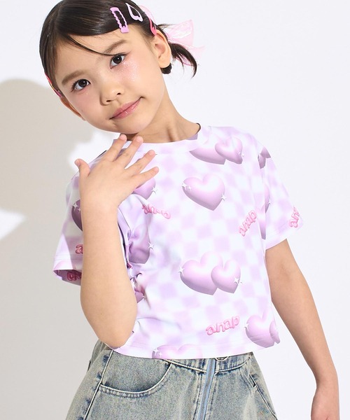 ANAP kids(アナップキッズ)の「3Dハート フラッグ チェック Tシャツ(Tシャツ/カットソー・キッズ・ピンク/ラベンダー・120/110/130)」の4枚目の写真